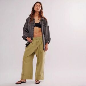 Free People Sweet Talk Linen Blend Chino Pants Dried Aloe Wide Leg Sz 4 NEW $128